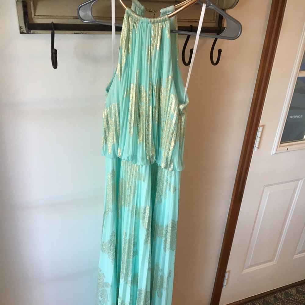 XSCAPE gold and soft green/teal maxi dress